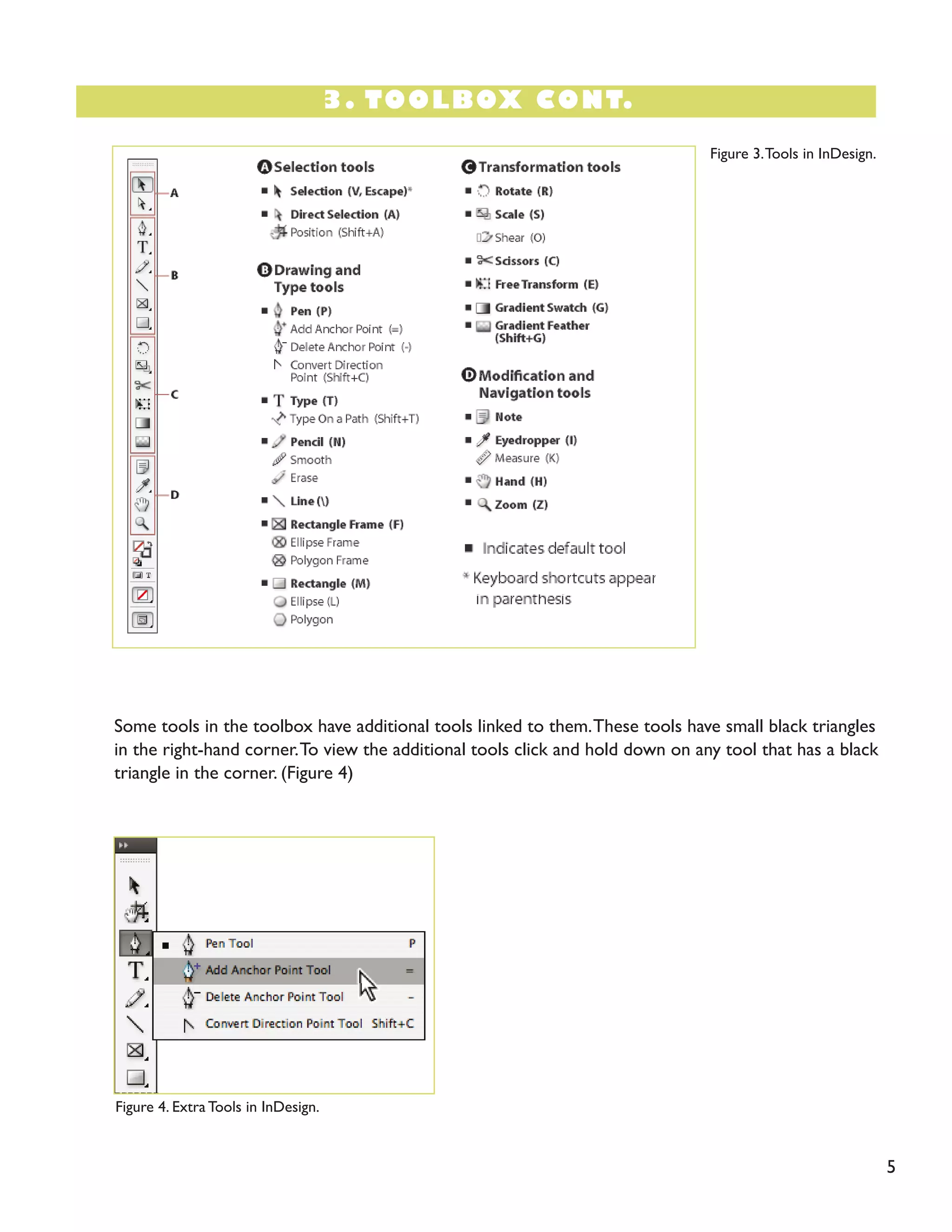 3. TOOLBOX CONT.
5
Figure 4. Extra Tools in InDesign.
Some tools in the toolbox have additional tools linked to them.These tools have small black triangles
in the right-hand corner.To view the additional tools click and hold down on any tool that has a black
triangle in the corner. (Figure 4)
Figure 3.Tools in InDesign.
 