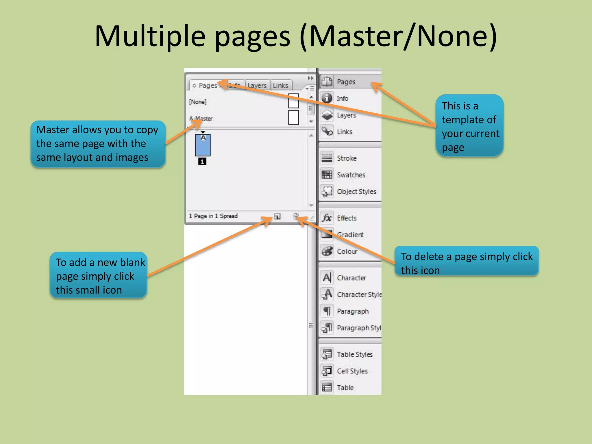 Multiple pages (Master/None)
                                        This is a
                                        template of
Master allows you to copy               your current
the same page with the                  page
same layout and images




                                To delete a page simply click
    To add a new blank
                                this icon
    page simply click
    this small icon
 