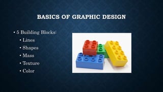BASICS OF GRAPHIC DESIGN
• 5 Building Blocks:
• Lines
• Shapes
• Mass
• Texture
• Color
 