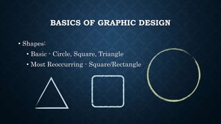 BASICS OF GRAPHIC DESIGN
• Shapes:
• Basic - Circle, Square, Triangle
• Most Reoccurring - Square/Rectangle
 