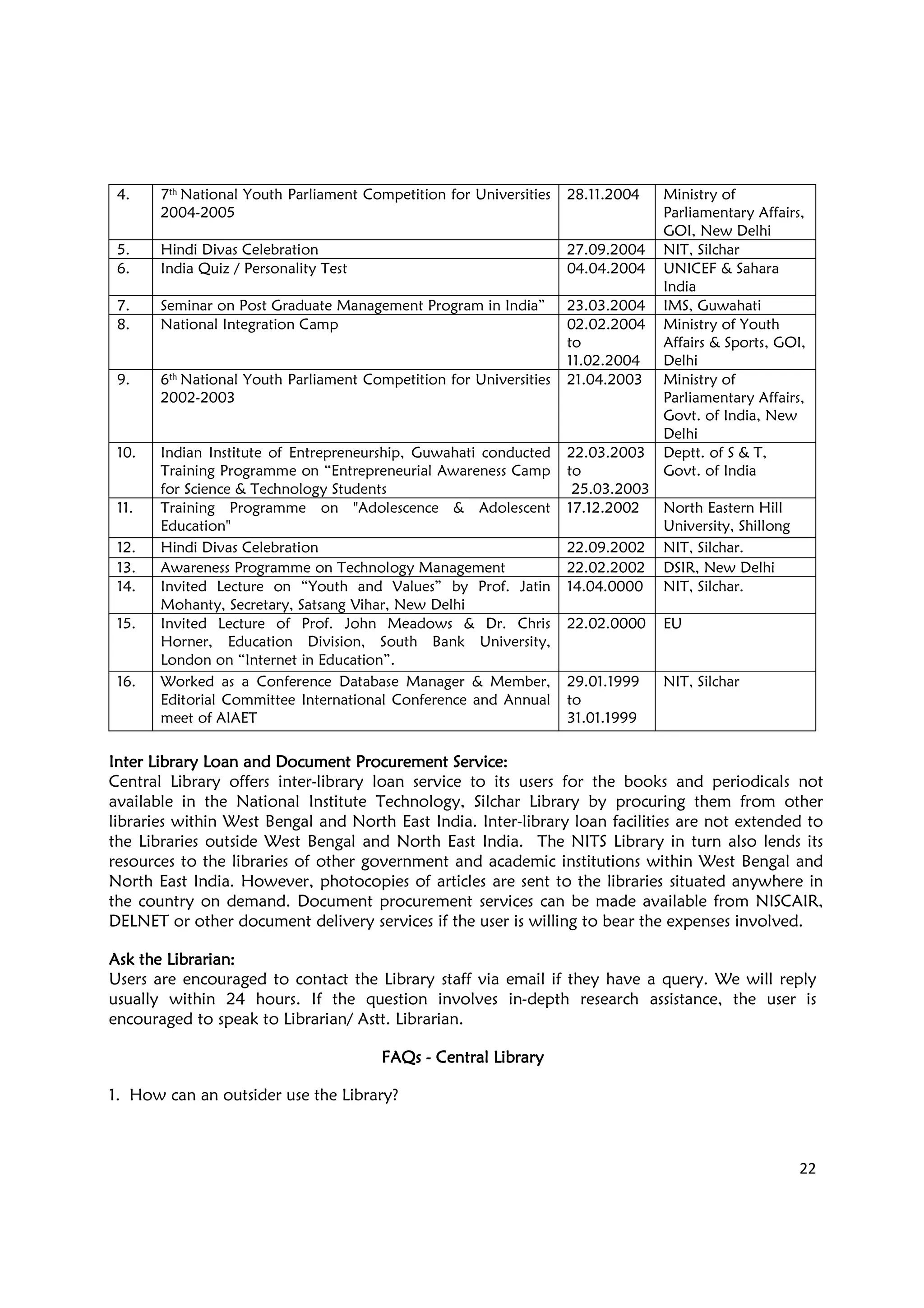 22
4. 7th National Youth Parliament Competition for Universities
2004-2005
28.11.2004 Ministry of
Parliamentary Affairs,
GOI, New Delhi
5. Hindi Divas Celebration 27.09.2004 NIT, Silchar
6. India Quiz / Personality Test 04.04.2004 UNICEF & Sahara
India
7. Seminar on Post Graduate Management Program in India” 23.03.2004 IMS, Guwahati
8. National Integration Camp 02.02.2004
to
11.02.2004
Ministry of Youth
Affairs & Sports, GOI,
Delhi
9. 6th
National Youth Parliament Competition for Universities
2002-2003
21.04.2003 Ministry of
Parliamentary Affairs,
Govt. of India, New
Delhi
10. Indian Institute of Entrepreneurship, Guwahati conducted
Training Programme on “Entrepreneurial Awareness Camp
for Science & Technology Students
22.03.2003
to
25.03.2003
Deptt. of S & T,
Govt. of India
11. Training Programme on "Adolescence & Adolescent
Education"
17.12.2002 North Eastern Hill
University, Shillong
12. Hindi Divas Celebration 22.09.2002 NIT, Silchar.
13. Awareness Programme on Technology Management 22.02.2002 DSIR, New Delhi
14. Invited Lecture on “Youth and Values” by Prof. Jatin
Mohanty, Secretary, Satsang Vihar, New Delhi
14.04.0000 NIT, Silchar.
15. Invited Lecture of Prof. John Meadows & Dr. Chris
Horner, Education Division, South Bank University,
London on “Internet in Education”.
22.02.0000 EU
16. Worked as a Conference Database Manager & Member,
Editorial Committee International Conference and Annual
meet of AIAET
29.01.1999
to
31.01.1999
NIT, Silchar
Inter Library Loan andInter Library Loan andInter Library Loan andInter Library Loan and Document Procurement ServiceDocument Procurement ServiceDocument Procurement ServiceDocument Procurement Service::::
Central Library offers inter-library loan service to its users for the books and periodicals not
available in the National Institute Technology, Silchar Library by procuring them from other
libraries within West Bengal and North East India. Inter-library loan facilities are not extended to
the Libraries outside West Bengal and North East India. The NITS Library in turn also lends its
resources to the libraries of other government and academic institutions within West Bengal and
North East India. However, photocopies of articles are sent to the libraries situated anywhere in
the country on demand. Document procurement services can be made available from NISCAIR,
DELNET or other document delivery services if the user is willing to bear the expenses involved.
Ask the Librarian:Ask the Librarian:Ask the Librarian:Ask the Librarian:
Users are encouraged to contact the Library staff via email if they have a query. We will reply
usually within 24 hours. If the question involves in-depth research assistance, the user is
encouraged to speak to Librarian/ Astt. Librarian.
FAQsFAQsFAQsFAQs ---- Central LibraryCentral LibraryCentral LibraryCentral Library
1. How can an outsider use the Library?
 