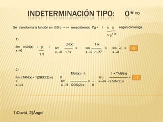 INDETERMINACIÓN TIPO:                                                    0*∞
Se transforma la función en 0/0 o ∞ /∞ reescribiendo f*g =   f     o    g      según convenga.
                                                                   ⎯⎯⎯⎯⎯⎯
                                                                   1/ g 1 /f
 1)
                                   LN(x)                  1 /x
 lim x·LN(x) → g       →          ⎯⎯⎯⎯⎯ =           lim ⎯⎯⎯⎯⎯⎯ =
 x→0          ⎯⎯⎯
                              lim                                       lim -x =       0
                              x→0 1 / x             x→0 -1 /X2          x→0
              1 /f



 2)
                                       TAN(x) - 1                   1 + TAN2(x)
 lim (TAN(x) - 1)(SEC(2)·x)     0                           lim    ⎯⎯⎯⎯⎯⎯⎯⎯⎯⎯⎯ =        -1
 =                              lim   ⎯⎯⎯⎯⎯⎯⎯⎯⎯⎯ = ⎯       x→/4 - 2·SIN(2)·x
 x→/4                          x→/4 COS(2)·x     0




1)David, 2)Ángel
 