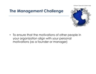 © Norm Tasevski & Karim Harji




The Management Challenge




•  To ensure that the motivations of other people in
   your organization align with your personal
   motivations (as a founder or manager)
 