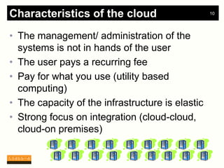 Characteristics of the cloud                      10




• The management/ administration of the
  systems is not in hands of the user
• The user pays a recurring fee
• Pay for what you use (utility based
  computing)
• The capacity of the infrastructure is elastic
• Strong focus on integration (cloud-cloud,
  cloud-on premises)
 