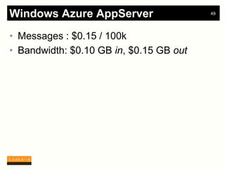 Windows Azure AppServer                  49




• Messages : $0.15 / 100k
• Bandwidth: $0.10 GB in, $0.15 GB out
 