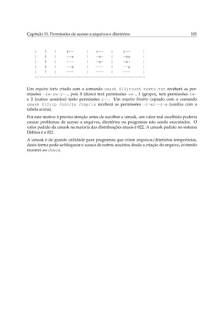 Capítulo 11. Permissões de acesso a arquivos e diretórios                                101



    |   3   |    r--     |   r--   |    r--     |
    |   4   |    --x     |   -w-   |    -wx     |
    |   5   |    ---     |   -w-   |    -w-     |
    |   6   |    --x     |   ---   |    --x     |
    |   7   |    ---     |   ---   |    ---     |
    ---------------------------------------------

Um arquivo texto criado com o comando umask 012;touch texto.txt receberá as per-
missões -rw-rw-r--, pois 0 (dono) terá permissões rw-, 1 (grupo), terá permissões rw-
e 2 (outros usuários) terão permissões r--. Um arquivo binário copiado com o comando
umask 012;cp /bin/ls /tmp/ls receberá as permissões -r-xr--r-x (conﬁra com a
tabela acima).
Por este motivo é preciso atenção antes de escolher a umask, um valor mal escolhido poderia
causar problemas de acesso a arquivos, diretórios ou programas não sendo executados. O
valor padrão da umask na maioria das distribuições atuais é 022. A umask padrão no sistema
Debian é a 022 .
A umask é de grande utilidade para programas que criam arquivos/diretórios temporários,
desta forma pode-se bloquear o acesso de outros usuários desde a criação do arquivo, evitando
recorrer ao chmod.
 