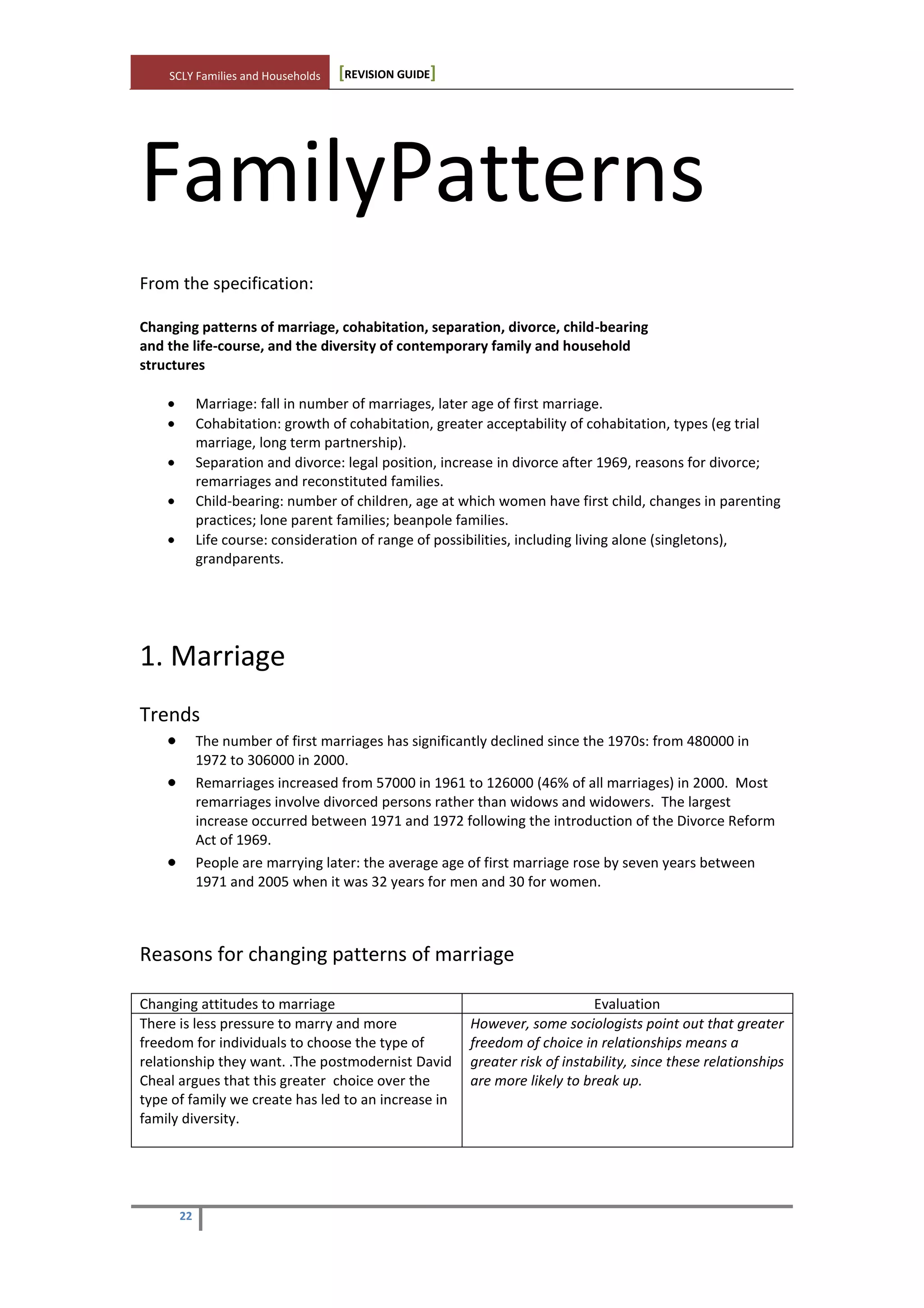 SCLY Families and Households [REVISION GUIDE]
22
FamilyPatterns
From the specification:
Changing patterns of marriage, cohabitation, separation, divorce, child-bearing
and the life-course, and the diversity of contemporary family and household
structures
Marriage: fall in number of marriages, later age of first marriage.
Cohabitation: growth of cohabitation, greater acceptability of cohabitation, types (eg trial
marriage, long term partnership).
Separation and divorce: legal position, increase in divorce after 1969, reasons for divorce;
remarriages and reconstituted families.
Child-bearing: number of children, age at which women have first child, changes in parenting
practices; lone parent families; beanpole families.
Life course: consideration of range of possibilities, including living alone (singletons),
grandparents.
1. Marriage
Trends
The number of first marriages has significantly declined since the 1970s: from 480000 in
1972 to 306000 in 2000.
Remarriages increased from 57000 in 1961 to 126000 (46% of all marriages) in 2000. Most
remarriages involve divorced persons rather than widows and widowers. The largest
increase occurred between 1971 and 1972 following the introduction of the Divorce Reform
Act of 1969.
People are marrying later: the average age of first marriage rose by seven years between
1971 and 2005 when it was 32 years for men and 30 for women.
Reasons for changing patterns of marriage
Changing attitudes to marriage Evaluation
There is less pressure to marry and more
freedom for individuals to choose the type of
relationship they want. .The postmodernist David
Cheal argues that this greater choice over the
type of family we create has led to an increase in
family diversity.
However, some sociologists point out that greater
freedom of choice in relationships means a
greater risk of instability, since these relationships
are more likely to break up.
 