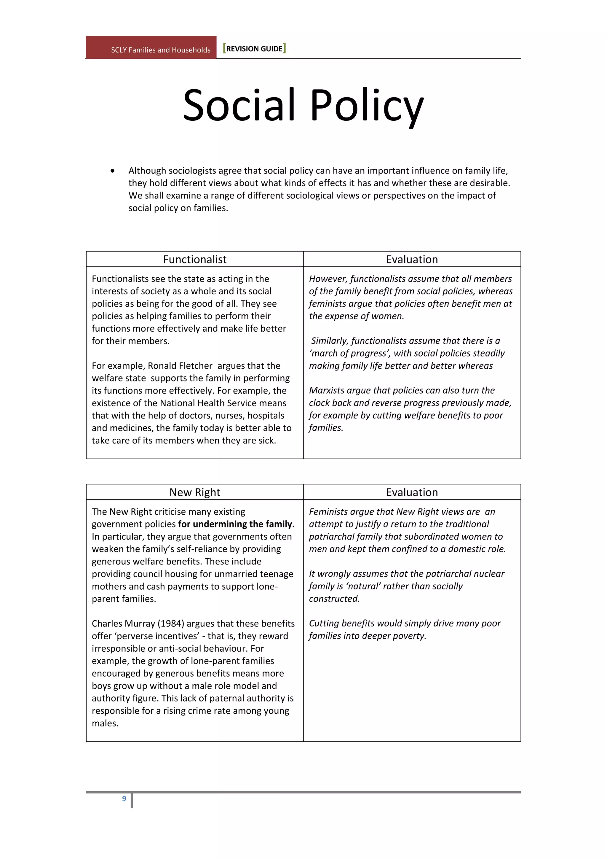 SCLY Families and Households [REVISION GUIDE]
9
Social Policy
Although sociologists agree that social policy can have an important influence on family life,
they hold different views about what kinds of effects it has and whether these are desirable.
We shall examine a range of different sociological views or perspectives on the impact of
social policy on families.
Functionalist Evaluation
Functionalists see the state as acting in the
interests of society as a whole and its social
policies as being for the good of all. They see
policies as helping families to perform their
functions more effectively and make life better
for their members.
For example, Ronald Fletcher argues that the
welfare state supports the family in performing
its functions more effectively. For example, the
existence of the National Health Service means
that with the help of doctors, nurses, hospitals
and medicines, the family today is better able to
take care of its members when they are sick.
However, functionalists assume that all members
of the family benefit from social policies, whereas
feminists argue that policies often benefit men at
the expense of women.
Similarly, functionalists assume that there is a
‘march of progress’, with social policies steadily
making family life better and better whereas
Marxists argue that policies can also turn the
clock back and reverse progress previously made,
for example by cutting welfare benefits to poor
families.
New Right Evaluation
The New Right criticise many existing
government policies for undermining the family.
In particular, they argue that governments often
weaken the family’s self-reliance by providing
generous welfare benefits. These include
providing council housing for unmarried teenage
mothers and cash payments to support lone-
parent families.
Charles Murray (1984) argues that these benefits
offer ‘perverse incentives’ - that is, they reward
irresponsible or anti-social behaviour. For
example, the growth of lone-parent families
encouraged by generous benefits means more
boys grow up without a male role model and
authority figure. This lack of paternal authority is
responsible for a rising crime rate among young
males.
Feminists argue that New Right views are an
attempt to justify a return to the traditional
patriarchal family that subordinated women to
men and kept them confined to a domestic role.
It wrongly assumes that the patriarchal nuclear
family is ‘natural’ rather than socially
constructed.
Cutting benefits would simply drive many poor
families into deeper poverty.
 