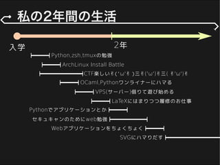 入学 2年
Python,zsh,tmuxの勉強
ArchLinux Install Battle
OCaml,Pythonワンライナーにハマる
LaTeXにはまりつつ履修のお仕事
VPS(サーバー)借りて遊び始める
Pythonでアプリケーションとか
セキュキャンのためにweb勉強
CTF楽しい✌('ω'✌ )三✌('ω')✌三( ✌'ω')✌
Webアプリケーションをちょくちょく
SVGにハマりだす
 