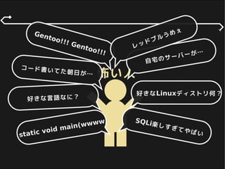 怖い人
自宅のサーバーが…
好きなLinuxディストリ何？
SQLi楽しすぎてやばい
好きな言語なに？
コード書いてた朝日が…
Gentoo!!! Gentoo!!!
static void main(wwww
レッドブルうめぇ
 