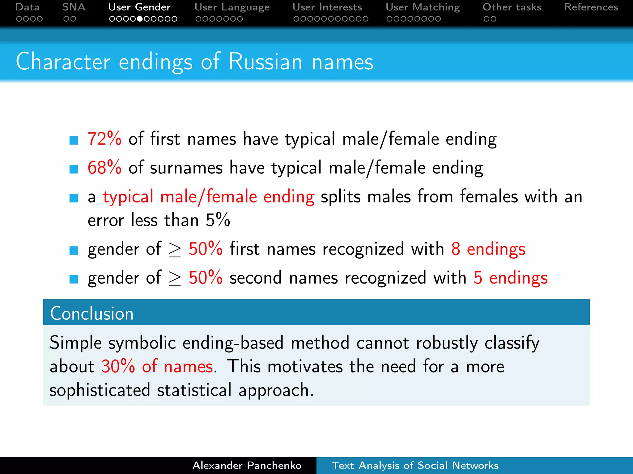 Data SNA User Gender User Language User Interests User Matching Other tasks References 
Character endings of Russian names 
72% of first names have typical male/female ending 
68% of surnames have typical male/female ending 
a typical male/female ending splits males from females with an 
error less than 5% 
gender of  50% first names recognized with 8 endings 
gender of  50% second names recognized with 5 endings 
Conclusion 
Simple symbolic ending-based method cannot robustly classify 
about 30% of names. This motivates the need for a more 
sophisticated statistical approach. 
Alexander Panchenko Text Analysis of Social Networks 
 