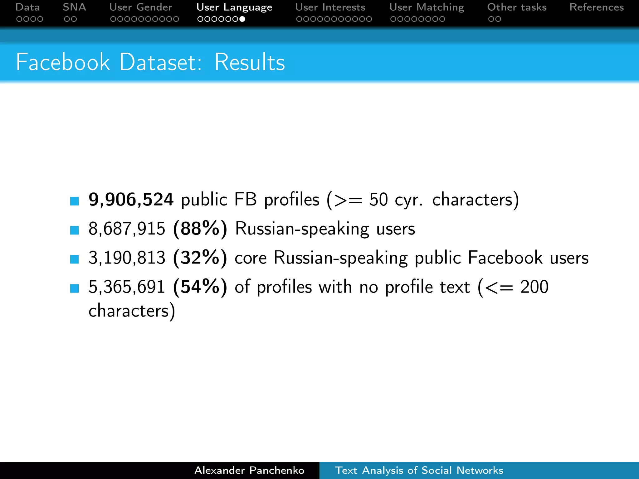 Data SNA User Gender User Language User Interests User Matching Other tasks References 
Facebook Dataset: Results 
9,906,524 public FB profiles (= 50 cyr. characters) 
8,687,915 (88%) Russian-speaking users 
3,190,813 (32%) core Russian-speaking public Facebook users 
5,365,691 (54%) of profiles with no profile text (= 200 
characters) 
Alexander Panchenko Text Analysis of Social Networks 
 