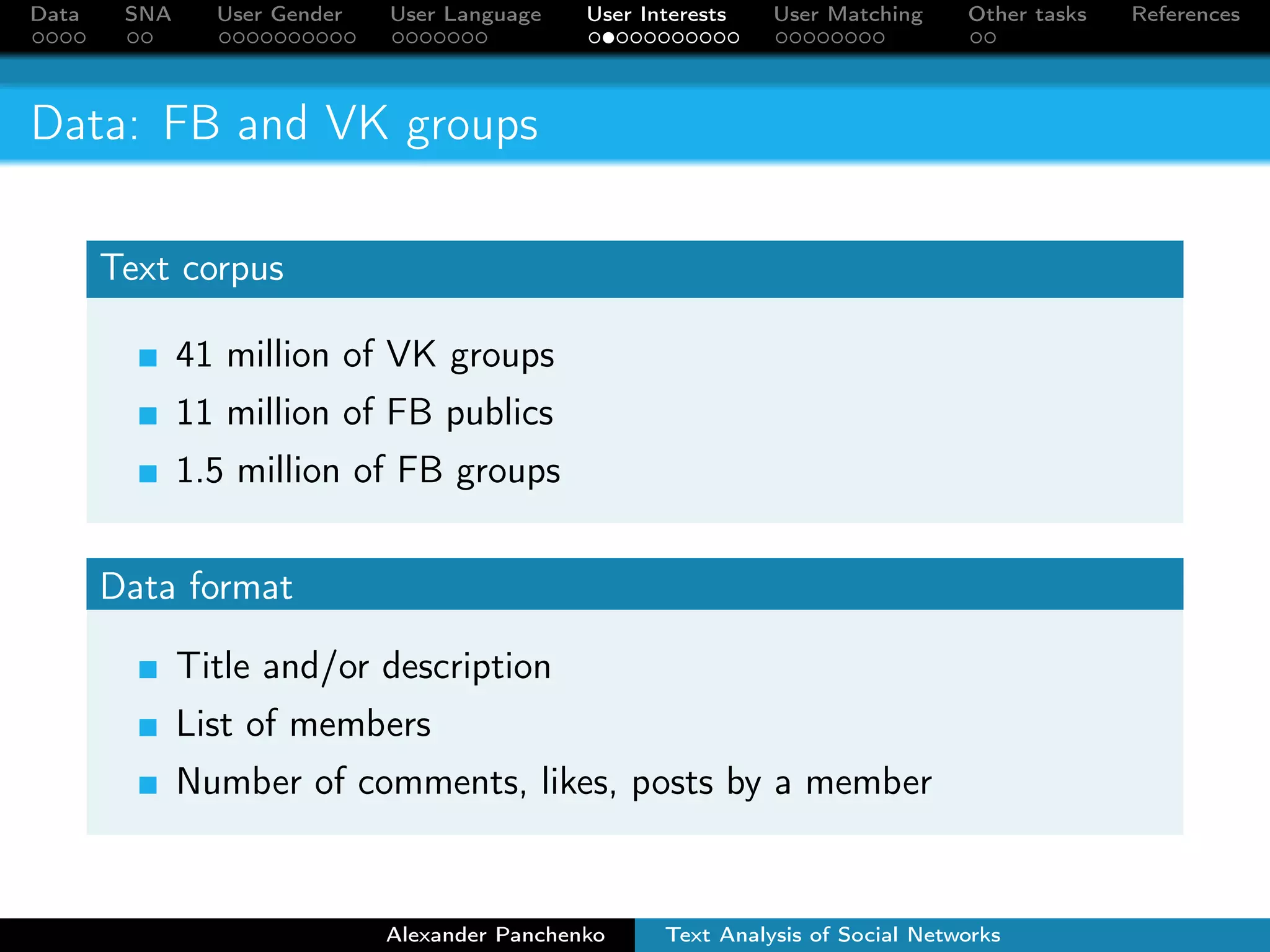 Data SNA User Gender User Language User Interests User Matching Other tasks References 
Data: FB and VK groups 
Text corpus 
41 million of VK groups 
11 million of FB publics 
1.5 million of FB groups 
Data format 
Title and/or description 
List of members 
Number of comments, likes, posts by a member 
Alexander Panchenko Text Analysis of Social Networks 
 