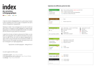 L'Index des corrections orthotypographiques est un guide pratique et gratuit
en libre consultation pour la mise en pages, la composition ainsi que la
relecture orthographique et typographique.
Didactique et simple, il vous accompagne pour vous venir en aide et se
place comme un compagnon du Guide du typographe, du Lexique des règles
typographiques et du Dictionnaire des difficultés [Bescherelle]. Il se feuillette
pour vos recherches ou pour parfaire vos connaissances.
L'objectif d'un tel index est d'aider le professionnel de l'édition, issu des
métiers de la typographie, dans la qualité de présentation de son œuvre.
Toutes les règles de base sont issues des exigences typographiques en
vigueur. Elles ne sont pas exhaustives mais sont fortement conseillées. Cet
index est dis posé à être partagé à quiconque intéressé(e) de près ou de
loin à l'orthographe ou les règles typographiques.
Serge Guerriero, consultant typographe – www.guerriero.ch
Les autres supports du même auteur :
La discipline visuelle – http://bit.ly/1GqZIdD
Le flux typographique dans le prépresse – http://bit.ly/1KTlUOo
Le calibrage – http://bit.ly/1MvGUbW
Explications des différentes parties des index
W 1.9 Langues d’un pays
203 143 4.66
on apprend l’italien
on parle le français
6.12 Erreur, x et y → voyelle
707
deux/ième
croy/ance
W 	 Porter une attention particulière, souligné en rouge dans le texte
203 	 Se reporter au numéro du Guide
143 	 Se reporter à la page du Lexique des règles typographiques
4.66 	Relation avec un index de même nature
→ 	 Devant
/ 	 Mauvaise coupure de mot
Mise en page InDesign, QuarkXPress
8.19 Tout numéro de page
~# ^#
 → A
	 Gabarit de page → A avec un numéro de page
	 Bloc de texte avec colonnes
	 Bloc chaîné
	 Page
	 Variable de texte
	 Feuille de styles de paragraphe
	 Feuille de styles de caractère
	 Bloc image
	 Glyphe reconnu
	 Glyphe non reconnu
	 RegEX reconnu
	 RegEX non reconnu
8.1 Tabulation
t ^t U+0009
abcd	 abcd
efghijklm	 efghijklm
8.9 Marque de paragraphe
~7 ^7 U+00B6
Il faudrait¶
qu'on¶
8.77 Zéro ou une fois
? (qui)?qui
riquiquiqui, riquiqui, quiqui, qui
? 	 RegEX, signature
(qui… 	RegEX, exemple
9.35 a_a^b
a_i^2 + b_j^2 = c_k^2
a2
i + b2
j = c2
k
a_a^	 Formule, signature
a_i^2 	 Formule, exemple
t 	 RegEX attribué à la recherche GREP
^t 	 RegEX attribué à la recherche texte
	 Résultat de la recherche
U+ 	 Unicode
¶ 	 Caractère invisible
des corrections
orthotypographiques
index
 