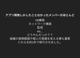 アプリ開発しかしたことなかったメンバーがほとんど
DB構築
ネットワーク構築
監視
etc...
どうやんだっけ？？
組織の業務範囲や個人の意識を変える事も重要
これらを約2年で移行させました。
 