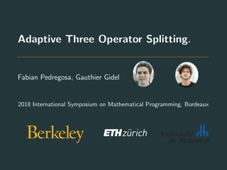 Adaptive Three Operator Splitting.
Fabian Pedregosa, Gauthier Gidel
2018 International Symposium on Mathematical Programming, Bordeaux
 