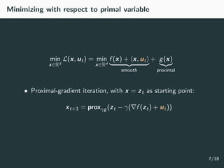 Minimizing with respect to primal variable
min
x∈Rd
L(x, ut) = min
x∈Rd
f (x) + x, ut
smooth
+ g(x)
proximal
• Proximal-gr...