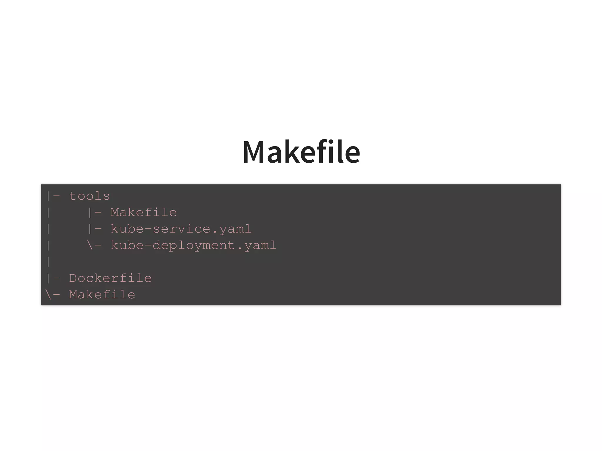 Makefile
|- tools
| |- Makefile
| |- kube-service.yaml
| - kube-deployment.yaml
|
|- Dockerfile
- Makefile
 