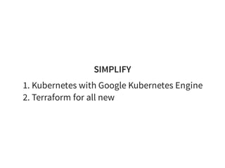SIMPLIFY
1. Kubernetes with Google Kubernetes Engine
2. Terraform for all new
 