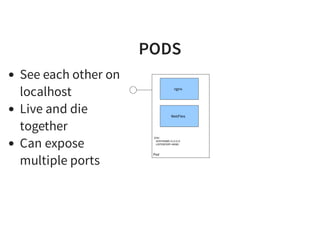 PODS
See each other on
localhost
Live and die
together
Can expose
multiple ports
Pod
nginx
WebFiles
ENV:
HOSTNAME=0.0.0.0
LISTENPORT=8080
 