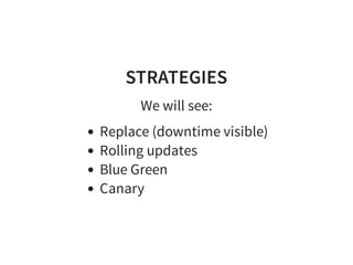 STRATEGIES
We will see:
Replace (downtime visible)
Rolling updates
Blue Green
Canary
 