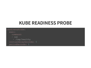 KUBE READINESS PROBE
readinessProbe:
exec:
command:
- cat
- /tmp/healthy
initialDelaySeconds: 5
periodSeconds: 5
 