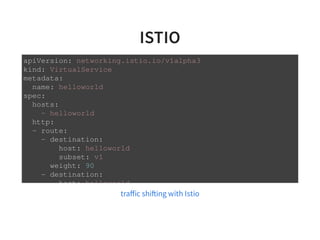 ISTIO
apiVersion: networking.istio.io/v1alpha3
kind: VirtualService
metadata:
name: helloworld
spec:
hosts:
- helloworld
http:
- route:
- destination:
host: helloworld
subset: v1
weight: 90
- destination:
host: helloworld
traﬀic shi ing with Istio
 