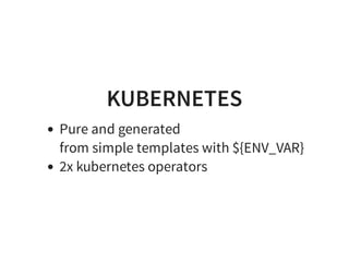 KUBERNETES
Pure and generated
from simple templates with ${ENV_VAR}
2x kubernetes operators
 