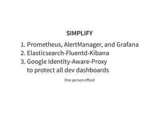 SIMPLIFY
1. Prometheus, AlertManager, and Grafana
2. Elasticsearch-Fluentd-Kibana
3. Google Identity-Aware-Proxy
to protect all dev dashboards
One person eﬀord
 