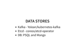 DATA STORES
Kafka - Yolean/kubernetes-kafka
Etcd - coreos/etcd-operator
DB: PSQL and Mongo
 