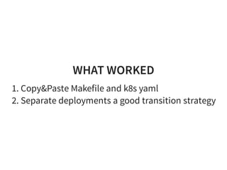 WHAT WORKED
1. Copy&Paste Makefile and k8s yaml
2. Separate deployments a good transition strategy
 