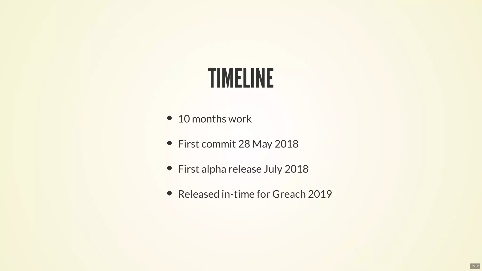 TIMELINE
10 months work
First commit 28 May 2018
First alpha release July 2018
Released in-time for Greach 2019
15 . 2
 