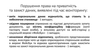 Порушення права на приватність
та захист даних, виявлені під час моніторингу:
• витік персональних даних журналістів, що ставить їх у
небезпечне становище - 1 випадок;
• свідоме поширення отриманих на підставі депутатського запиту
документів, що містять конфіденційну інформацію (копії
паспорту іншої особи), у вільному доступі на веб-сторінці у
соціальній мережі «Фейсбук» - 1 випадок;
• неналежне зберігання відеозапису, зробленого представниками
влади, внаслідок чого це відео оприлюднено сторонньою особою
в мережі Фейсбук та відмова адміністративних судів захистити
право на захист персональних даних позивача - 1 випадок;
 