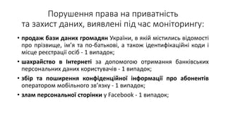 Порушення права на приватність
та захист даних, виявлені під час моніторингу:
• продаж бази даних громадян України, в якій містились відомості
про прізвище, ім’я та по-батькові, а також ідентифікаційні коди і
місце реєстрації осіб - 1 випадок;
• шахрайство в Інтернеті за допомогою отримання банківських
персональних даних користувачів - 1 випадок;
• збір та поширення конфіденційної інформації про абонентів
оператором мобільного зв’язку - 1 випадок;
• злам персональної сторінки у Facebook - 1 випадок;
 