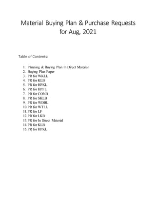 Material Buying Plan & Purchase Requests
for Aug, 2021
Table of Contents:
1. Planning & Buying Plan In Direct Material
2. Buying Plan Paper
3. PR for WKLL
4. PR for KLB
5. PR for HPKL
6. PR for HPFL
7. PR for CONB
8. PR for SKLB
9. PR for WDBL
10.PR for WTLL
11.PR for LF
12.PR for LKB
13.PR for In Direct Material
14.PR for KLB
15.PR for HPKL
 