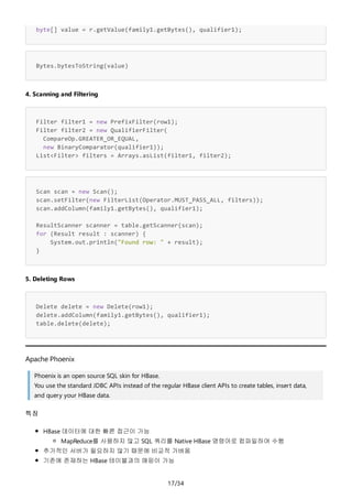 17/34
byte[] value = r.getValue(family1.getBytes(), qualifier1);
Bytes.bytesToString(value)
4. Scanning and Filtering
Filter filter1 = new PrefixFilter(row1);
Filter filter2 = new QualifierFilter(
CompareOp.GREATER_OR_EQUAL,
new BinaryComparator(qualifier1));
List<Filter> filters = Arrays.asList(filter1, filter2);
Scan scan = new Scan();
scan.setFilter(new FilterList(Operator.MUST_PASS_ALL, filters));
scan.addColumn(family1.getBytes(), qualifier1);
ResultScanner scanner = table.getScanner(scan);
for (Result result : scanner) {
System.out.println("Found row: " + result);
}
5. Deleting Rows
Delete delete = new Delete(row1);
delete.addColumn(family1.getBytes(), qualifier1);
table.delete(delete);
Apache Phoenix
Phoenix is an open source SQL skin for HBase.
You use the standard JDBC APIs instead of the regular HBase client APIs to create tables, insert data,
and query your HBase data.
특징
HBase 데이터에 대한 빠른 접근이 가능
MapReduce를 사용하지 않고 SQL 쿼리를 Native HBase 명령어로 컴파일하여 수행
추가적인 서버가 필요하지 않기 때문에 비교적 가벼움
기존에 존재하는 HBase 테이블과의 매핑이 가능
 