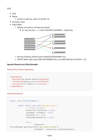 18/34
장점
JOIN
Paging
OFFSET & LIMIT (ex. LIMIT 10 OFFSET 10)
Secondary Index
Salted Tables
Splitting: pre-split on salt bytes boundaries
ex. new_row_key = (++index % BUCKETS_NUMBER) + original_key
Row Key Ordering: phoenix.query.rowKeyOrderSaltedTable=true
CREATE TABLE table (a_key VARCHAR PRIMARY KEY, a_col VARCHAR) SALT_BUCKETS = 20;
Apache Phoenix Java Client Example
Phoenix Driver Maven Dependency
<dependency>
<groupId>org.apache.phoenix</groupId>
<artifactId>phoenix-core</artifactId>
<version>4.13.1-HBase-1.2</version>
</dependency>
PhoenixExample.java
public class PhoenixExample {
public static void main(String[] args) {
// Create variables
Connection connection = null;
Statement statement = null;
ResultSet rs = null;
PreparedStatement ps = null;
try {
connection =
DriverManager.getConnection("jdbc:phoenix:demo");
statement = connection.createStatement();
 