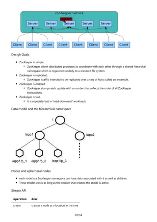 20/34
Desigh Goals
ZooKeeper is simple.
ZooKeeper allows distributed processes to coordinate with each other through a shared hierarchal
namespace which is organized similarly to a standard file system.
Zookeeper is replicated.
ZooKeeper itself is intended to be replicated over a sets of hosts called an ensemble.
Zookeeper is ordered.
ZooKeeper stamps each update with a number that reflects the order of all ZooKeeper
transactions.
Zookeeper is fast.
It is especially fast in "read-dominant" workloads.
Data model and the hierarchical namespace
Nodes and ephemeral nodes
each node in a ZooKeeper namespace can have data associated with it as well as children.
These znodes exists as long as the session that created the znode is active.
Simple API
operation desc
create creates a node at a location in the tree
 