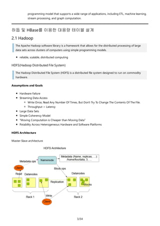 3/34
programming model that supports a wide range of applications, including ETL, machine learning,
stream processing, and graph computation.
하둡 및 HBase를 이용한 대용량 테이블 설계
2.1 Hadoop
The Apache Hadoop software library is a framework that allows for the distributed processing of large
data sets across clusters of computers using simple programming models.
reliable, scalable, distributed computing
HDFS(Hadoop Distributed File System)
The Hadoop Distributed File System (HDFS) is a distributed file system designed to run on commodity
hardware.
Assumptions and Goals
Hardware Failure
Streaming Data Access
Write Once, Read Any Number Of Times, But Don't Try To Change The Contents Of The File.
Throughput > Latency
Large Data Sets
Simple Coherency Model
“Moving Computation is Cheaper than Moving Data”
Potability Across Heterogeneous Hardware and Software Platforms
HDFS Architecture
Master-Slave architecture
 