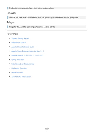 34/34
The leading open source software for the time series analytics
InfluxDB
InfluxDB is a Time Series Database built from the ground up to handle high write & query loads.
Telegraf
Telegraf is the Agent for Collecting & Reporting Metrics & Data
Reference
Vagrant Getting Started
MapReduce Tutorial
Apache HBase Reference Guild
Apache Storm Documentation, Version: 1.1.1
Apache Storm을 이용한 실시간 데이터 처리
Spring Data Redis
http://lambda-architecture.net/
Zookeeper Overview
HBase with Java
Apache Kafka Introduction
 