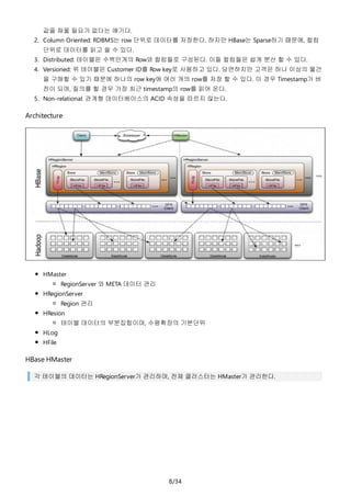 8/34
값을 채울 필요가 없다는 얘기다.
2. Column Oriented: RDBMS는 row 단위로 데이터를 저장한다. 하지만 HBase는 Sparse하기 때문에, 컬럼
단위로 데이터를 읽고 쓸 수 있다.
3. Distributed: 테이블은 수백만개의 Row와 컬럼들로 구성된다. 이들 컬럼들은 쉽게 분산 할 수 있다.
4. Versioned: 위 테이블은 Customer ID를 Row key로 사용하고 있다. 당연하지만 고객은 하나 이상의 물건
을 구매할 수 있기 때문에 하나의 row key에 여러 개의 row를 저장 할 수 있다. 이 경우 Timestamp가 버
전이 되며, 질의를 할 경우 가장 최근 timestamp의 row를 읽어 온다.
5. Non-relational: 관계형 데이터베이스의 ACID 속성을 따르지 않는다.
Architecture
HMaster
RegionServer 와 META 데이터 관리
HRegionServer
Region 관리
HResion
테이블 데이터의 부분집합이며, 수평확장의 기본단위
HLog
HFile
HBase HMaster
각 테이블의 데이터는 HRegionServer가 관리하며, 전체 클러스터는 HMaster가 관리한다.
 