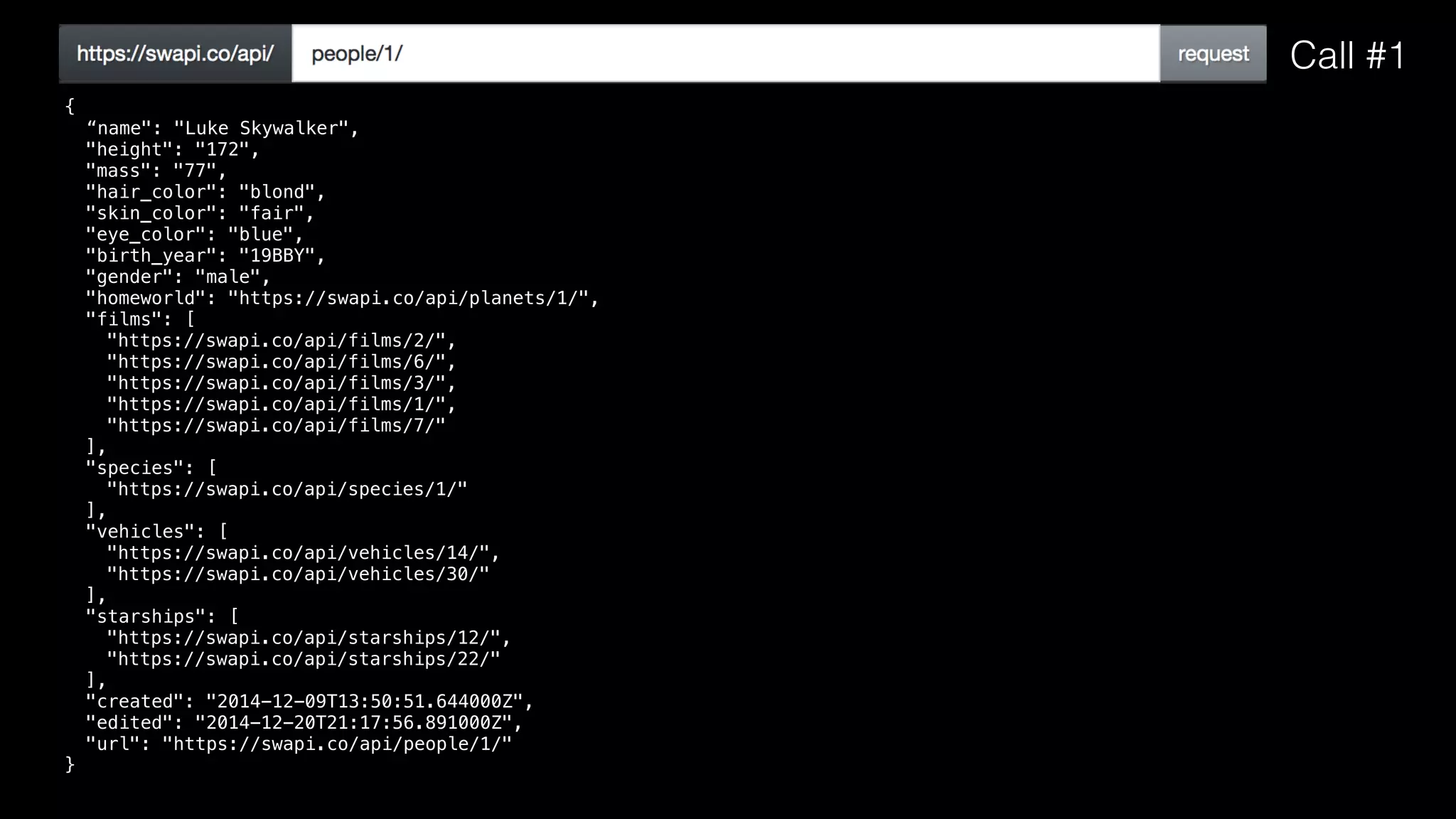 {
“name": "Luke Skywalker",
"height": "172",
"mass": "77",
"hair_color": "blond",
"skin_color": "fair",
"eye_color": "blue",
"birth_year": "19BBY",
"gender": "male",
"homeworld": "https://swapi.co/api/planets/1/",
"films": [
"https://swapi.co/api/films/2/",
"https://swapi.co/api/films/6/",
"https://swapi.co/api/films/3/",
"https://swapi.co/api/films/1/",
"https://swapi.co/api/films/7/"
],
"species": [
"https://swapi.co/api/species/1/"
],
"vehicles": [
"https://swapi.co/api/vehicles/14/",
"https://swapi.co/api/vehicles/30/"
],
"starships": [
"https://swapi.co/api/starships/12/",
"https://swapi.co/api/starships/22/"
],
"created": "2014-12-09T13:50:51.644000Z",
"edited": "2014-12-20T21:17:56.891000Z",
"url": "https://swapi.co/api/people/1/"
}
Call #1
 