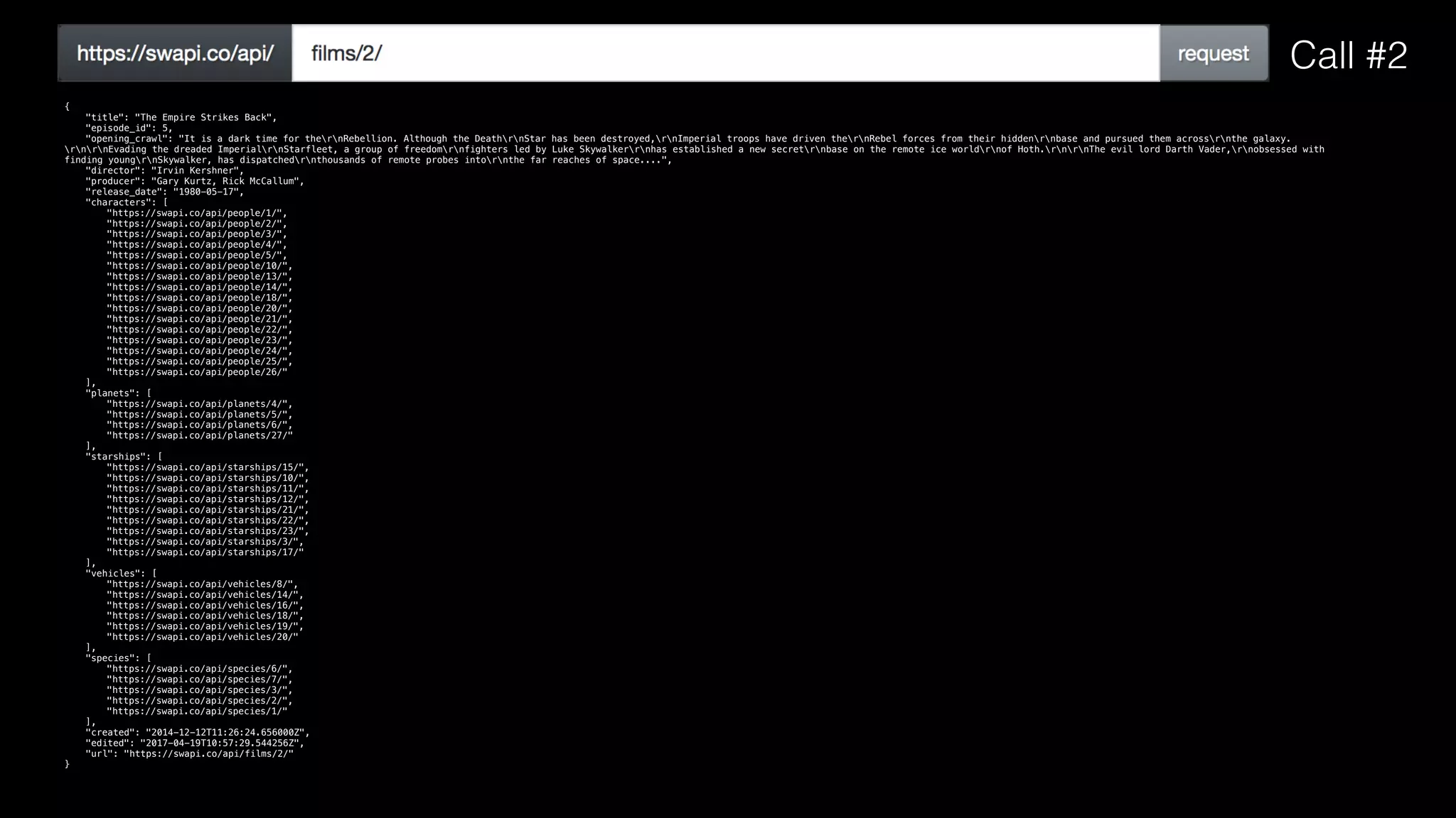 {
"title": "The Empire Strikes Back",
"episode_id": 5,
"opening_crawl": "It is a dark time for thernRebellion. Although the DeathrnStar has been destroyed,rnImperial troops have driven thernRebel forces from their hiddenrnbase and pursued them acrossrnthe galaxy.
rnrnEvading the dreaded ImperialrnStarfleet, a group of freedomrnfighters led by Luke Skywalkerrnhas established a new secretrnbase on the remote ice worldrnof Hoth.rnrnThe evil lord Darth Vader,rnobsessed with
finding youngrnSkywalker, has dispatchedrnthousands of remote probes intornthe far reaches of space....",
"director": "Irvin Kershner",
"producer": "Gary Kurtz, Rick McCallum",
"release_date": "1980-05-17",
"characters": [
"https://swapi.co/api/people/1/",
"https://swapi.co/api/people/2/",
"https://swapi.co/api/people/3/",
"https://swapi.co/api/people/4/",
"https://swapi.co/api/people/5/",
"https://swapi.co/api/people/10/",
"https://swapi.co/api/people/13/",
"https://swapi.co/api/people/14/",
"https://swapi.co/api/people/18/",
"https://swapi.co/api/people/20/",
"https://swapi.co/api/people/21/",
"https://swapi.co/api/people/22/",
"https://swapi.co/api/people/23/",
"https://swapi.co/api/people/24/",
"https://swapi.co/api/people/25/",
"https://swapi.co/api/people/26/"
],
"planets": [
"https://swapi.co/api/planets/4/",
"https://swapi.co/api/planets/5/",
"https://swapi.co/api/planets/6/",
"https://swapi.co/api/planets/27/"
],
"starships": [
"https://swapi.co/api/starships/15/",
"https://swapi.co/api/starships/10/",
"https://swapi.co/api/starships/11/",
"https://swapi.co/api/starships/12/",
"https://swapi.co/api/starships/21/",
"https://swapi.co/api/starships/22/",
"https://swapi.co/api/starships/23/",
"https://swapi.co/api/starships/3/",
"https://swapi.co/api/starships/17/"
],
"vehicles": [
"https://swapi.co/api/vehicles/8/",
"https://swapi.co/api/vehicles/14/",
"https://swapi.co/api/vehicles/16/",
"https://swapi.co/api/vehicles/18/",
"https://swapi.co/api/vehicles/19/",
"https://swapi.co/api/vehicles/20/"
],
"species": [
"https://swapi.co/api/species/6/",
"https://swapi.co/api/species/7/",
"https://swapi.co/api/species/3/",
"https://swapi.co/api/species/2/",
"https://swapi.co/api/species/1/"
],
"created": "2014-12-12T11:26:24.656000Z",
"edited": "2017-04-19T10:57:29.544256Z",
"url": "https://swapi.co/api/films/2/"
}
Call #2
 