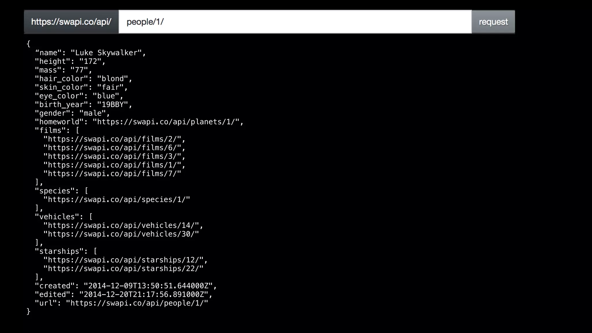 {
“name": "Luke Skywalker",
"height": "172",
"mass": "77",
"hair_color": "blond",
"skin_color": "fair",
"eye_color": "blue",
"birth_year": "19BBY",
"gender": "male",
"homeworld": "https://swapi.co/api/planets/1/",
"films": [
"https://swapi.co/api/films/2/",
"https://swapi.co/api/films/6/",
"https://swapi.co/api/films/3/",
"https://swapi.co/api/films/1/",
"https://swapi.co/api/films/7/"
],
"species": [
"https://swapi.co/api/species/1/"
],
"vehicles": [
"https://swapi.co/api/vehicles/14/",
"https://swapi.co/api/vehicles/30/"
],
"starships": [
"https://swapi.co/api/starships/12/",
"https://swapi.co/api/starships/22/"
],
"created": "2014-12-09T13:50:51.644000Z",
"edited": "2014-12-20T21:17:56.891000Z",
"url": "https://swapi.co/api/people/1/"
}
 