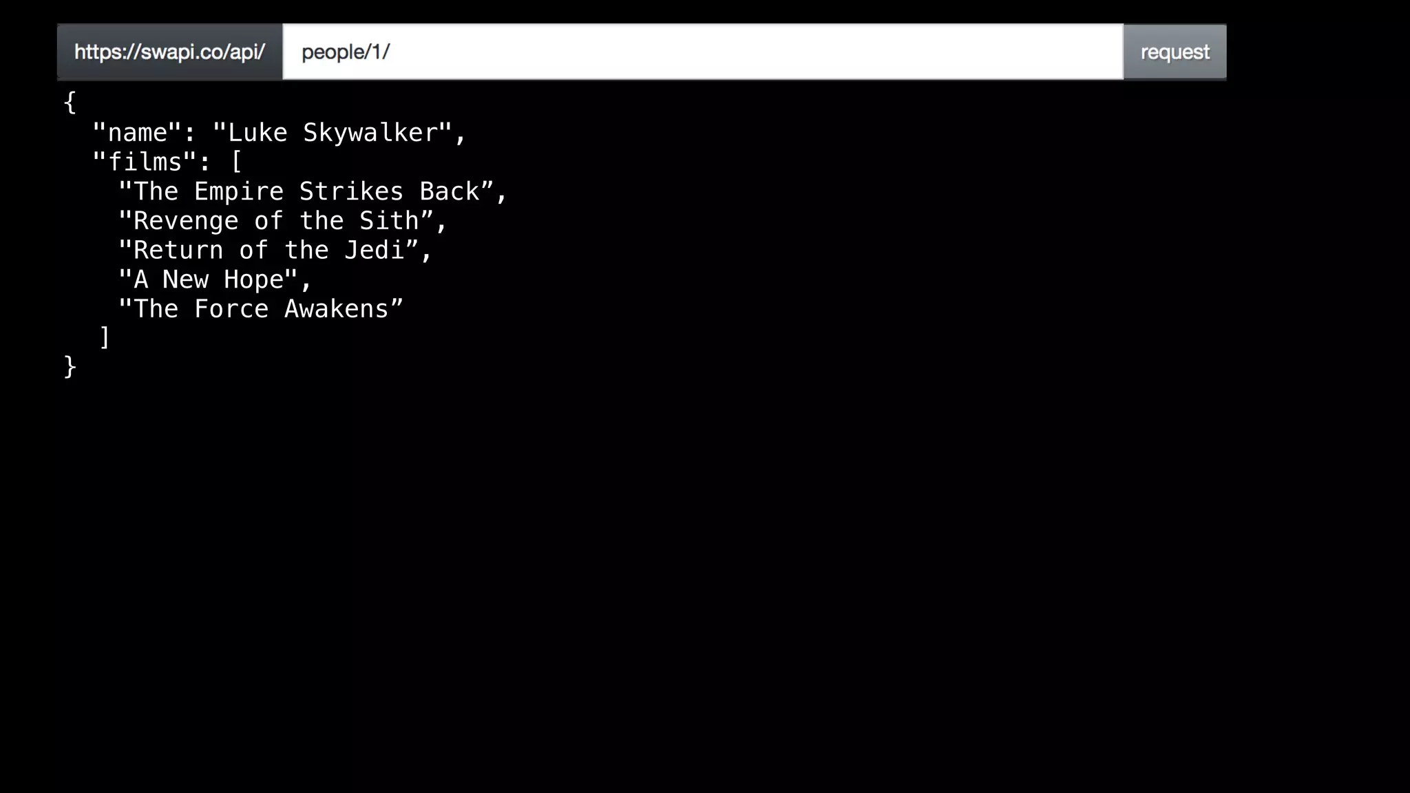 {
"name": "Luke Skywalker",
"films": [
"The Empire Strikes Back”,
"Revenge of the Sith”,
"Return of the Jedi”,
"A New Hope",
"The Force Awakens”
]
}
 