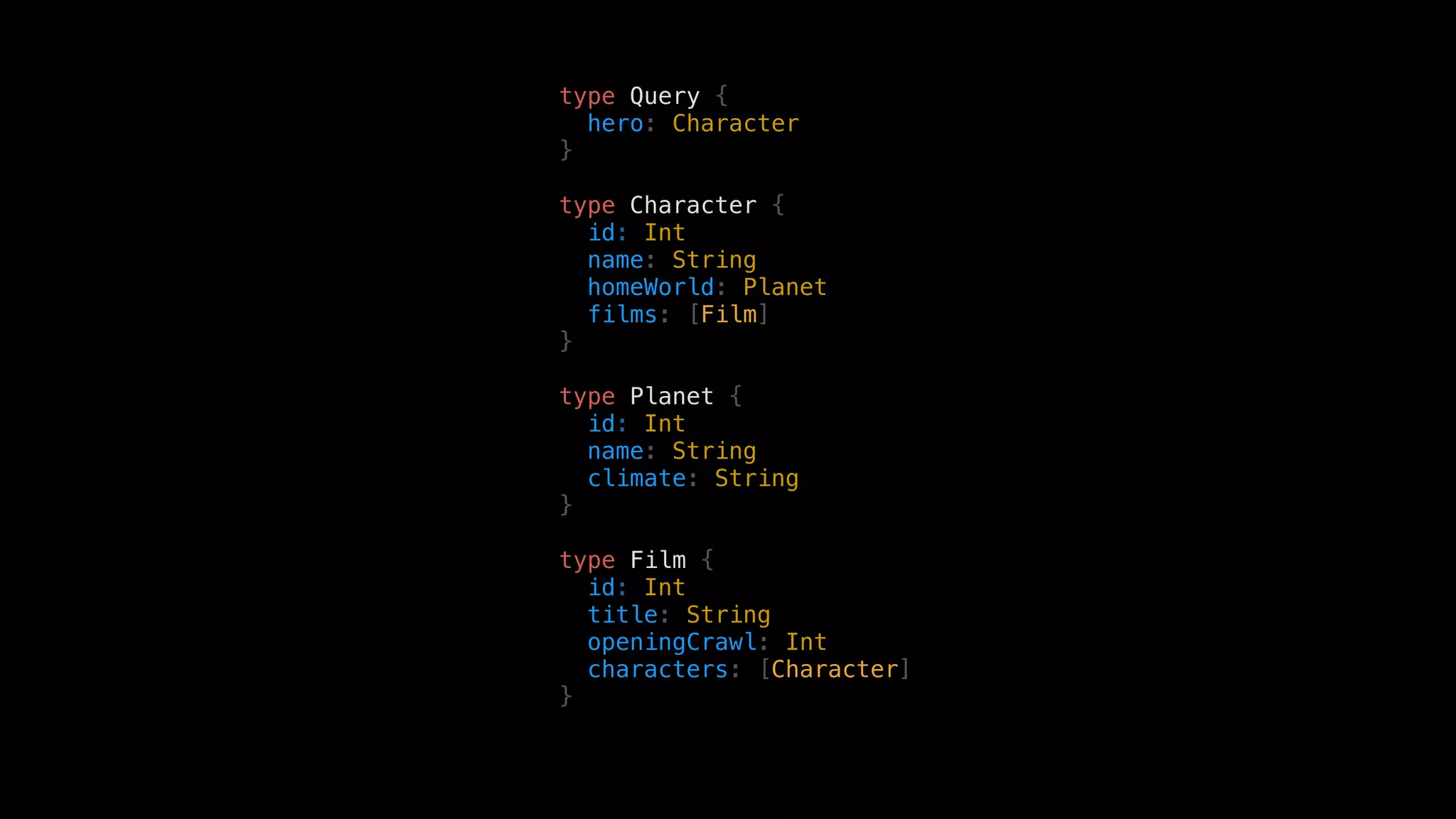 type Query {
hero: Character
}
type Character {
id: Int
name: String
homeWorld: Planet
films: [Film]
}
type Planet {
id: Int
name: String
climate: String
}
type Film {
id: Int
title: String
openingCrawl: Int
characters: [Character]
}
 