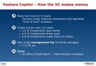 Venture Capital – How the VC makes money <ul><li>Raise fund every 2-4 years </li></ul><ul><ul><li>Pension funds, financial...