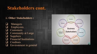 Stakeholders cont.
ii. Other Stakeholders :
 Managers
 Employees
 Customers
 Community at Large
 Suppliers
 Financial Institutions
 Creditors
 Environment in general
 