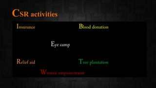 CSR activities
Insurance Blood donation
Eye camp
Relief aid Tree plantation
Women empowerment
 