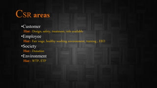 CSR areas
•Customer
Hint : Design, safety, treatment, info available
•Employee
Hint : Fair wage, healthy working environment, training , EEO
•Society
Hint : Donation
•Environment
Hint : WTP, ETP
 